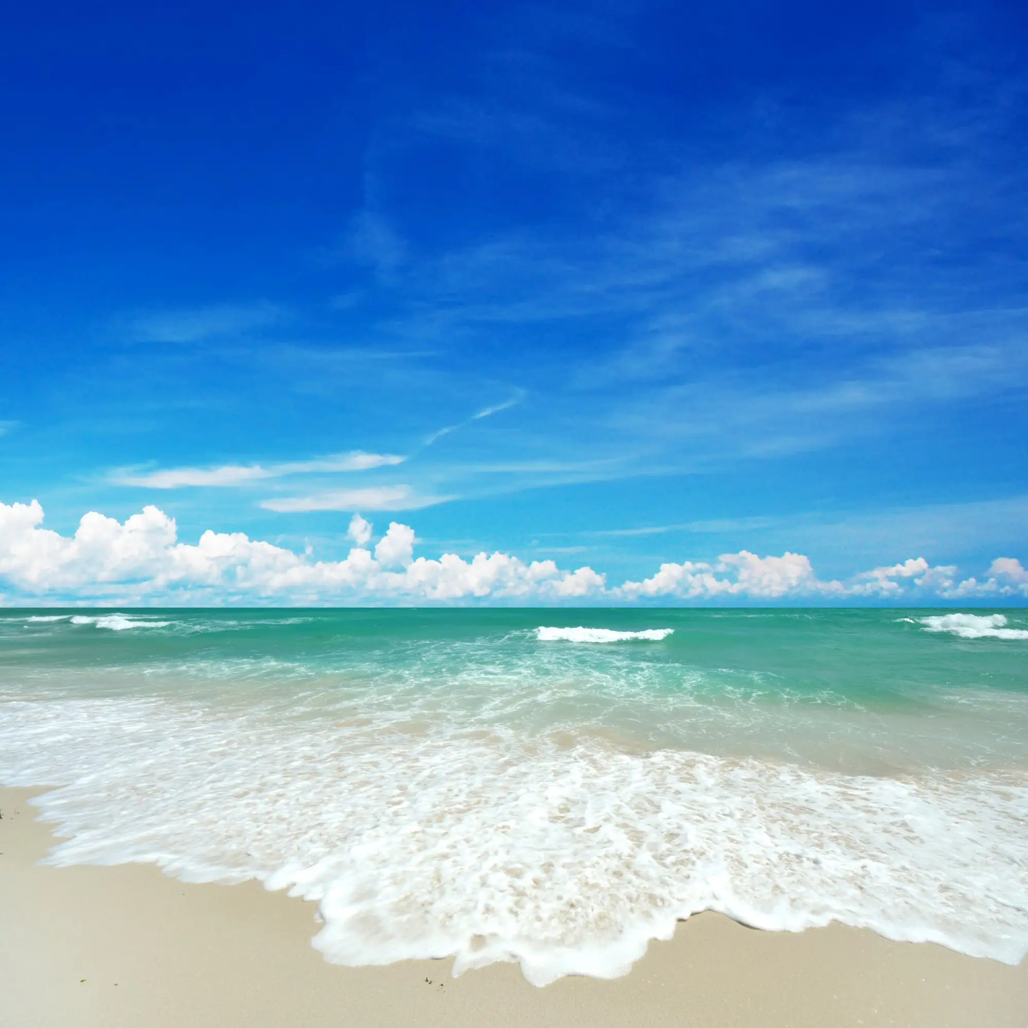 Surf washing up a white sand beach under a blue sky